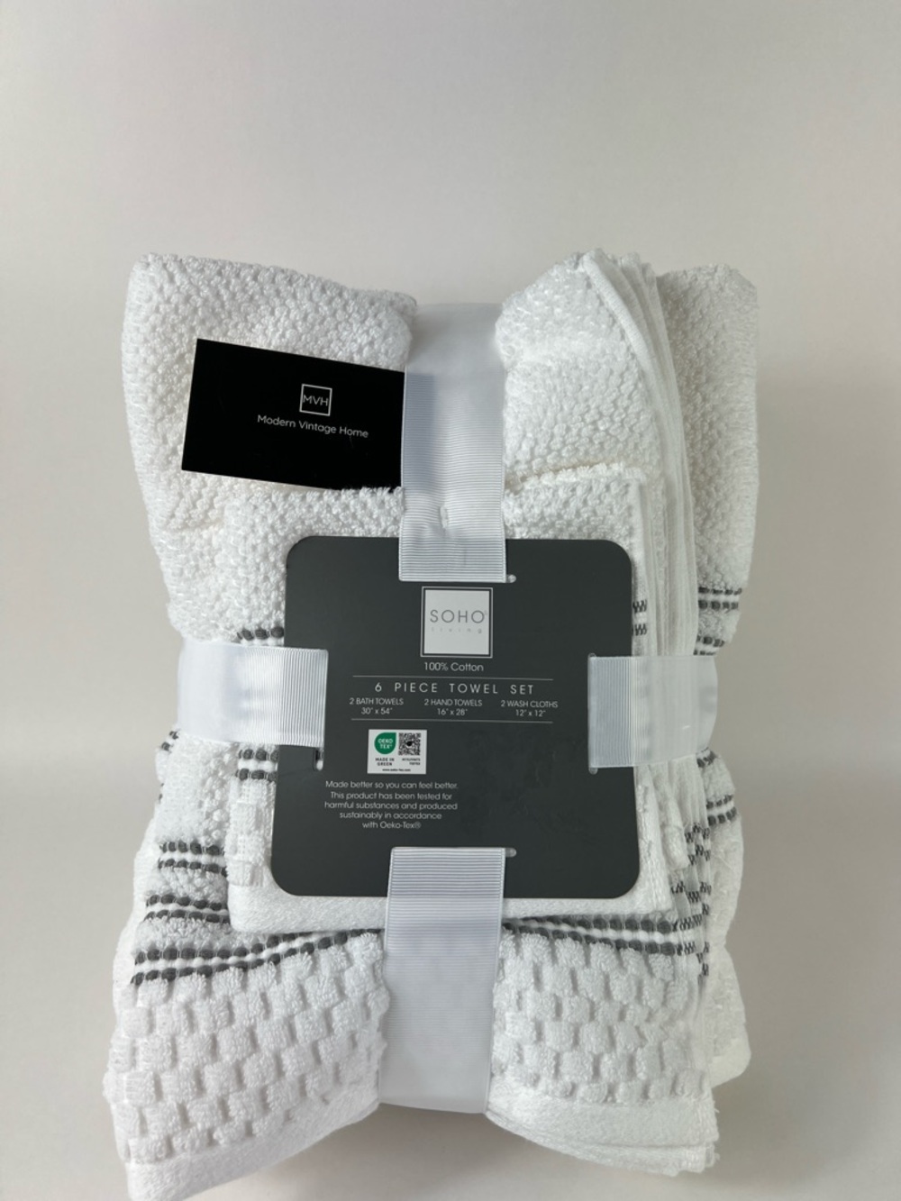 Soho Living Bath Towel Set White Gray 2 Bath 2 Hand 2 Washcloth Soft 6pc Set NEW